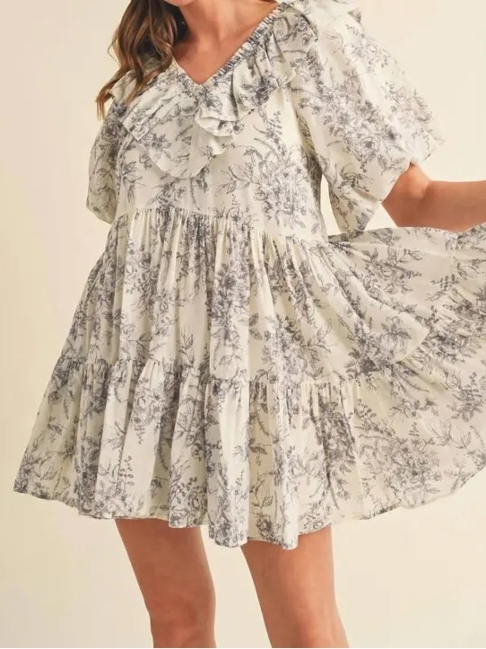 NWT &Merci Toile Grey & Cream Ruffled Mini Dress Size M